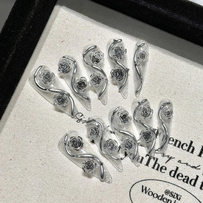 10pcs Long Stiletto Press On Nails Handmade 3D Sliver Rose Flower Decor False Nail Tips Transparent Sequins Removable Fake Nails