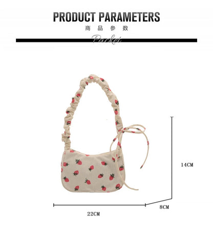 Women Small Underarm Bag Corduroy Handbag Cute Strawberry Print Little Tote Half Moon Design Eco Cloth Purse Mini Shoulder Bags