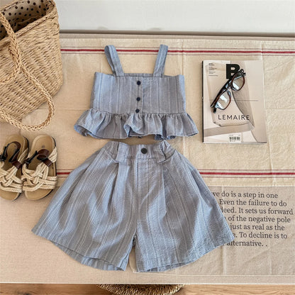Bear Leader Girls Suit Summer 2023 New Korean Version of The Short-sleeved Bubble Sleeve Shirt + Wide-legged Pants Girls Suit