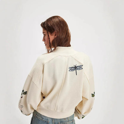 Women's Embroidered Floral Single-breasted Jacket, Casual Knitted Coat for Women