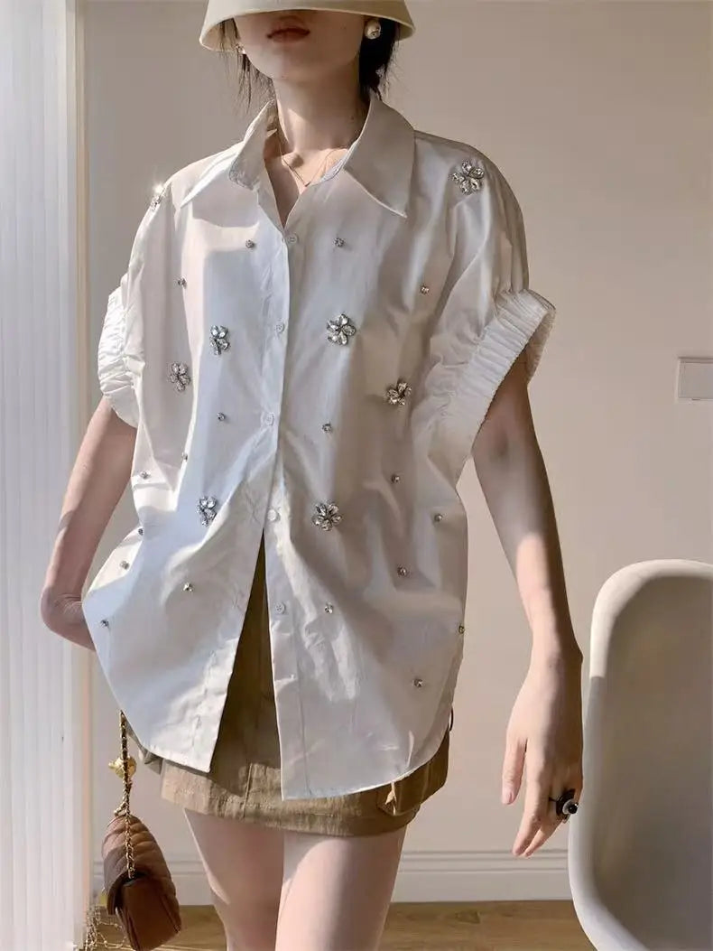 High-end Diamonds Stitch Loose Casual Cotton Short Sleeve Shirts Blouses Women 2025 Spring Summer Single Breasted Tops Blusas