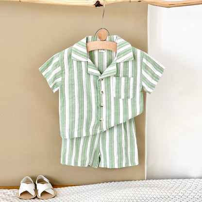 2Pcs Set Newborn Baby Boy Girl Striped Lapel Button Up Shirt Top+Shorts Summer Infant Toddler Outfit Sweatshirt Kids Clothes