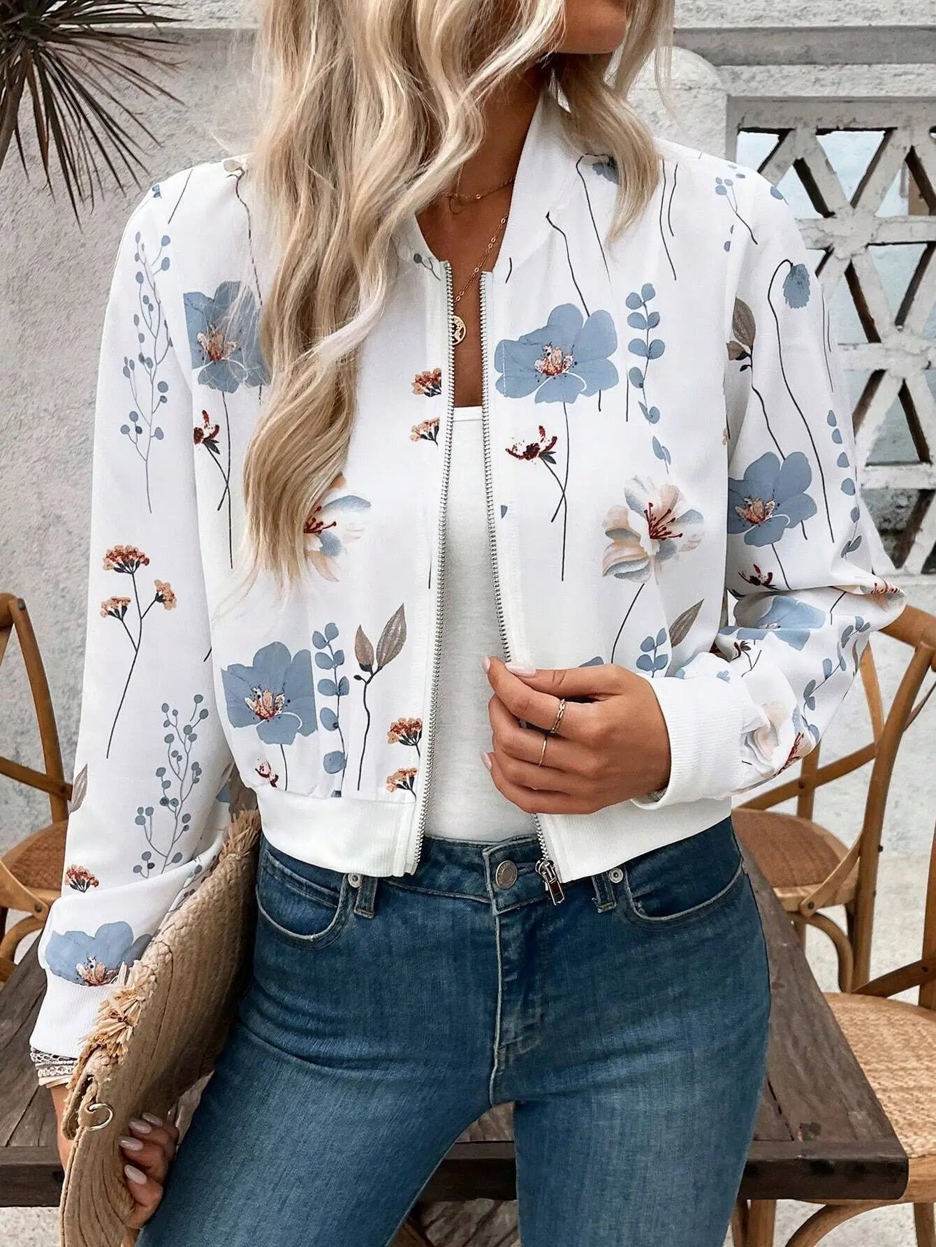 Women's Lightweight Long Sleeve Zip Up Bomber Jacket Floral Print Outwear Tops Casual Daily Street Date Travel Fall Coats
