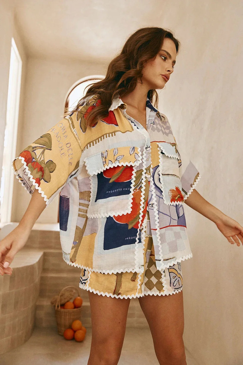Summer Printed Ruffle Two Piece Set Women Fashion Casual Patchwork Holiday Trendy Pocket Button Tops And Mini Skirt 2 Piece Sets