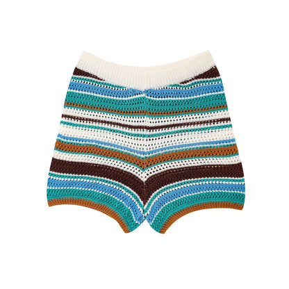 Orange Green Purple Polo Collar Single Breasted Short Sleeves Top Elastic Waist Short Pants Women Striped Suit Set ZATAF Spring