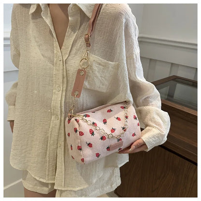 Women Small Underarm Bag Corduroy Handbag Cute Strawberry Print Little Tote Half Moon Design Eco Cloth Purse Mini Shoulder Bags