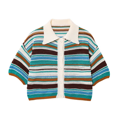 Orange Green Purple Polo Collar Single Breasted Short Sleeves Top Elastic Waist Short Pants Women Striped Suit Set ZATAF Spring