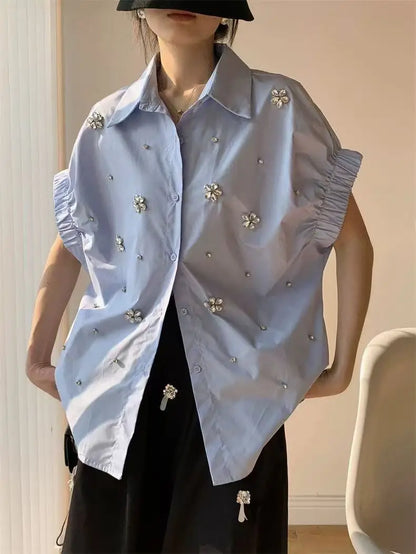 High-end Diamonds Stitch Loose Casual Cotton Short Sleeve Shirts Blouses Women 2025 Spring Summer Single Breasted Tops Blusas