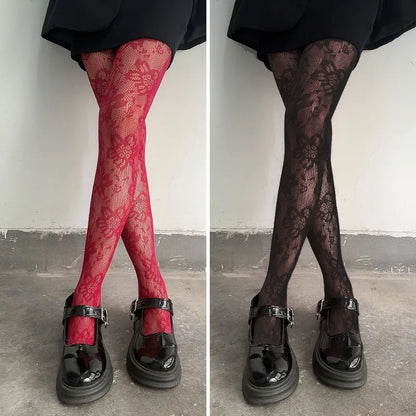 Classic Flower Lolita Kawaii Socks Lace Mesh Stocking Bottomed Pantyhose Japanese Lolita Retro Floral Rattan Red Stocking Tights