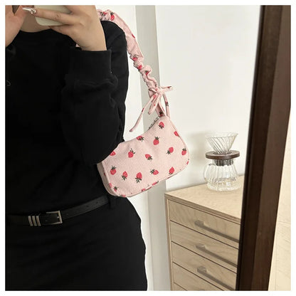 Women Small Underarm Bag Corduroy Handbag Cute Strawberry Print Little Tote Half Moon Design Eco Cloth Purse Mini Shoulder Bags