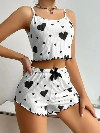 Black Heart Print Pajama Set for Women Undewear Sleepwear Casual Round Neck Backless Crop Top and Shorts Set Loungewear