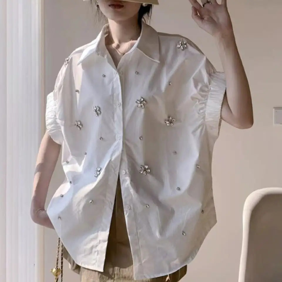 High-end Diamonds Stitch Loose Casual Cotton Short Sleeve Shirts Blouses Women 2025 Spring Summer Single Breasted Tops Blusas