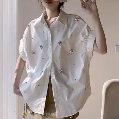 High-end Diamonds Stitch Loose Casual Cotton Short Sleeve Shirts Blouses Women 2025 Spring Summer Single Breasted Tops Blusas