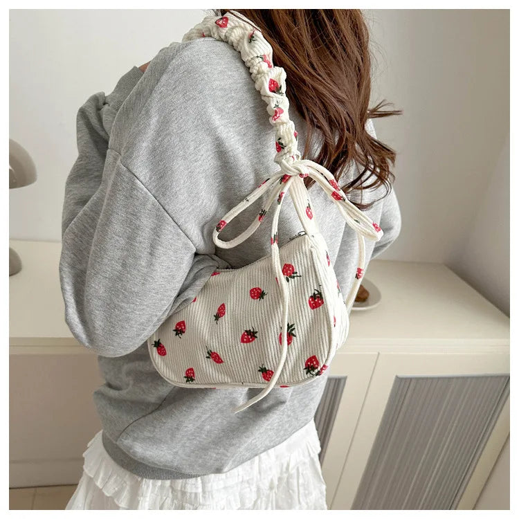 Women Small Underarm Bag Corduroy Handbag Cute Strawberry Print Little Tote Half Moon Design Eco Cloth Purse Mini Shoulder Bags