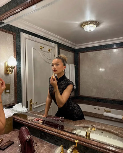 Fashion Lace Hollow Out Black Maxi Robe Chic Women High Slit Print See Trough Sleeveless Slim Dress New Lady Party Clubwear