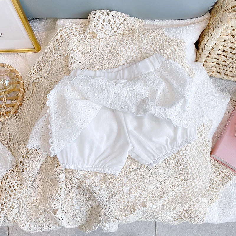 Girls 2022 Summer Clothing Sets Hollow Lace Suit Baby Casual Sleeveless T-shirt+Shorts Kids Clothing Sets Baby Clothes Outfits