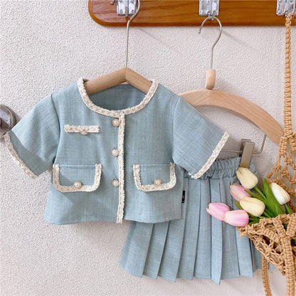 Bear Leader Girls Suit Summer 2023 New Korean Version of The Short-sleeved Bubble Sleeve Shirt + Wide-legged Pants Girls Suit