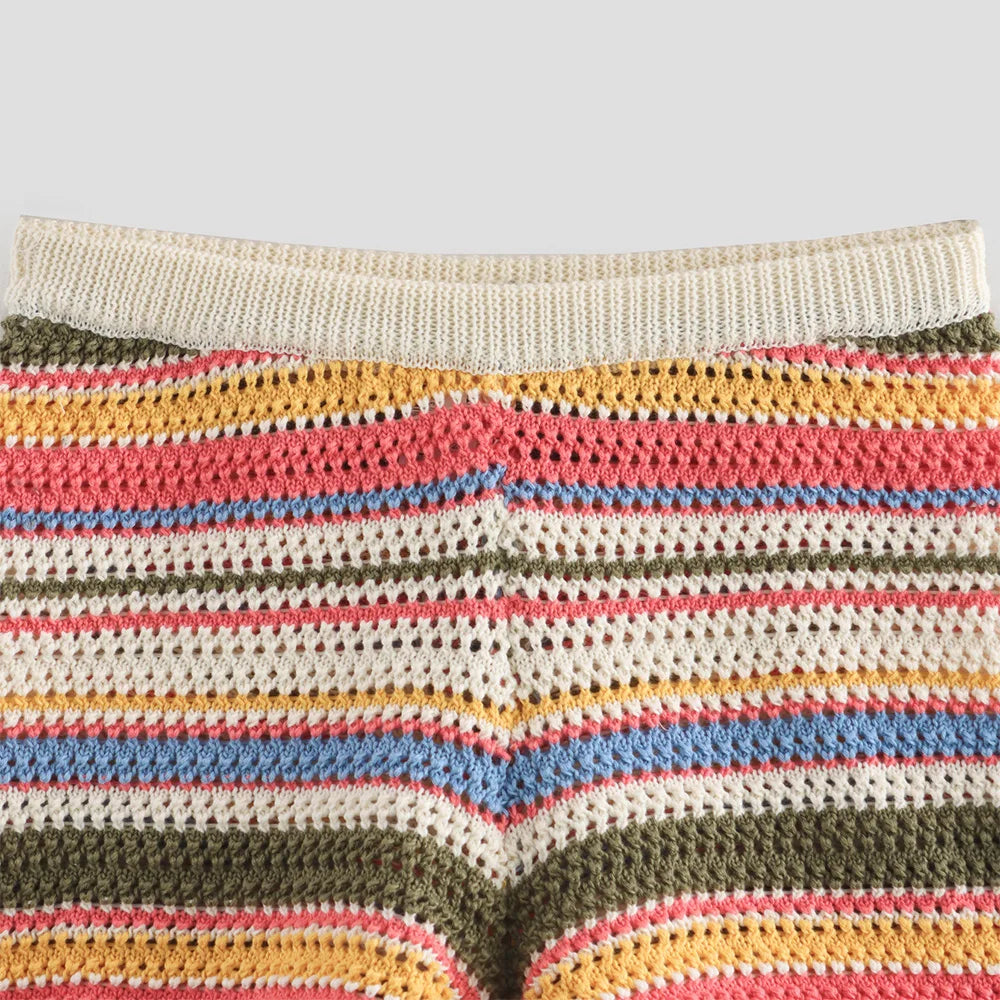 Orange Green Purple Polo Collar Single Breasted Short Sleeves Top Elastic Waist Short Pants Women Striped Suit Set ZATAF Spring