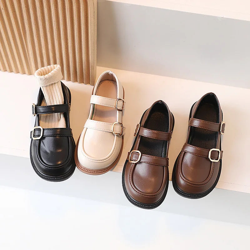 2024 Spring Children Leather Shoes Brown Black White Toddler Girls Flat Shoes Retro Color Elegant Kids School Shoes Girl H07191