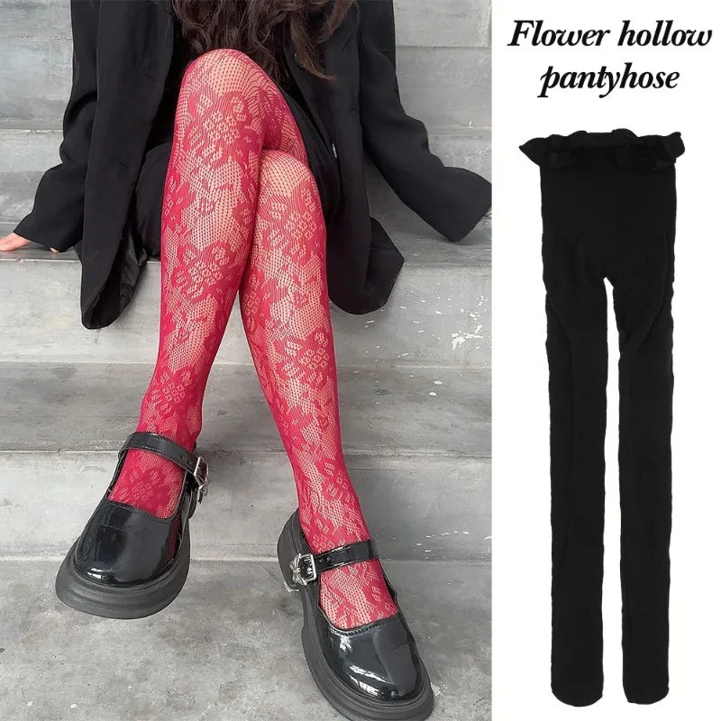 Classic Flower Lolita Kawaii Socks Lace Mesh Stocking Bottomed Pantyhose Japanese Lolita Retro Floral Rattan Red Stocking Tights