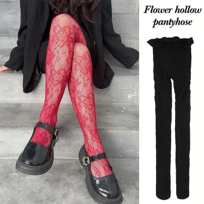 Classic Flower Lolita Kawaii Socks Lace Mesh Stocking Bottomed Pantyhose Japanese Lolita Retro Floral Rattan Red Stocking Tights