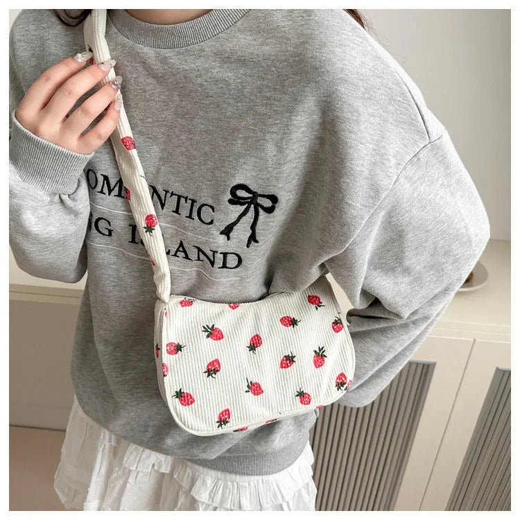 Women Small Underarm Bag Corduroy Handbag Cute Strawberry Print Little Tote Half Moon Design Eco Cloth Purse Mini Shoulder Bags