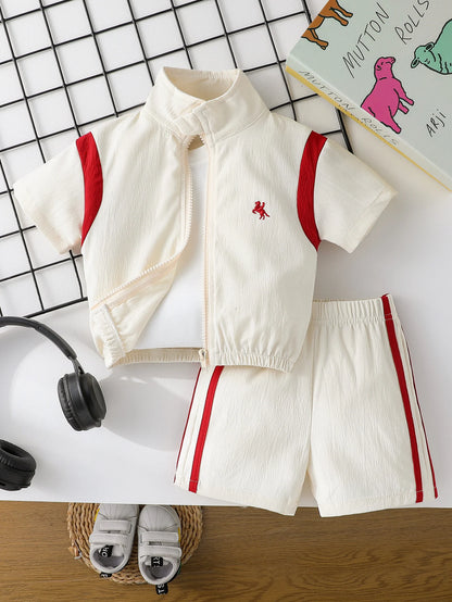 2Pcs Baby Boys Short Sleeve With Zipper Top & Pants Set Summer Outdoor Sports Clothes For 1-3Y Casual