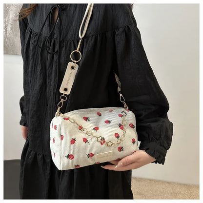 Women Small Underarm Bag Corduroy Handbag Cute Strawberry Print Little Tote Half Moon Design Eco Cloth Purse Mini Shoulder Bags