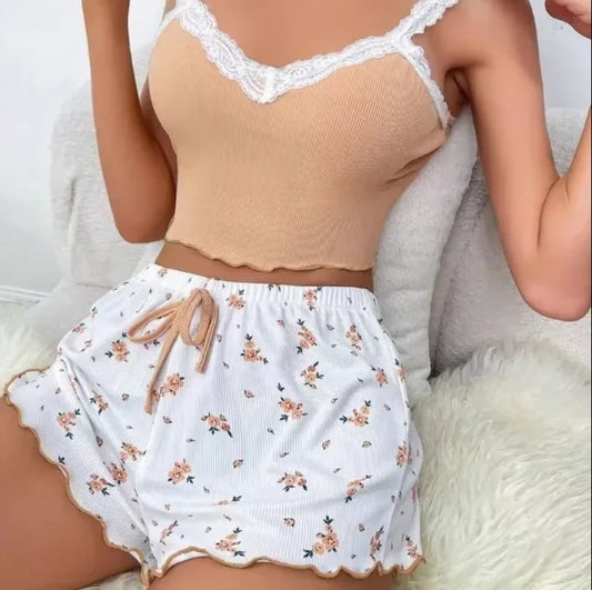 New Fashion 2025 Summer Home 2 Piece Sets Womens Outfits Lace Lace Suspender Shorts Set Female Womens Clothing Outfits