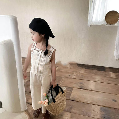 Bear Leader Girls Suit Summer 2023 New Korean Version of The Short-sleeved Bubble Sleeve Shirt + Wide-legged Pants Girls Suit