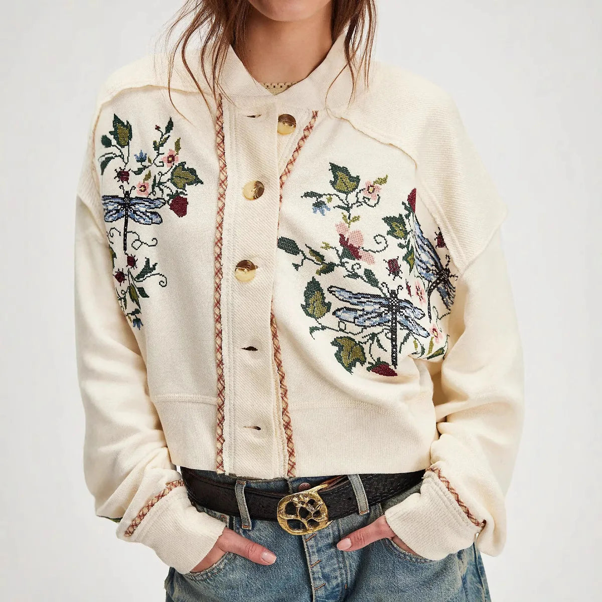 Women's Embroidered Floral Single-breasted Jacket, Casual Knitted Coat for Women