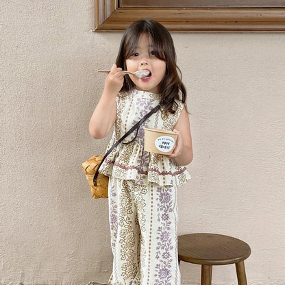 Bear Leader Girls Suit Summer 2023 New Korean Version of The Short-sleeved Bubble Sleeve Shirt + Wide-legged Pants Girls Suit