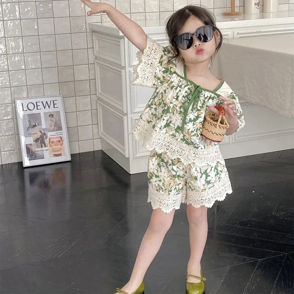 Bear Leader Girls Suit Summer 2023 New Korean Version of The Short-sleeved Bubble Sleeve Shirt + Wide-legged Pants Girls Suit