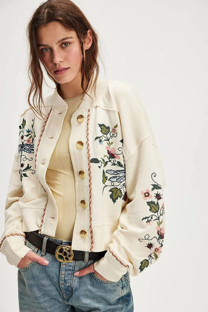 Women's Embroidered Floral Single-breasted Jacket, Casual Knitted Coat for Women
