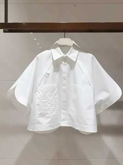 HOT Summer Short Flip Collar Half Sleeve Embroidered Short Sleeve Loose White Bat Sleeve White Shirt for Women Top