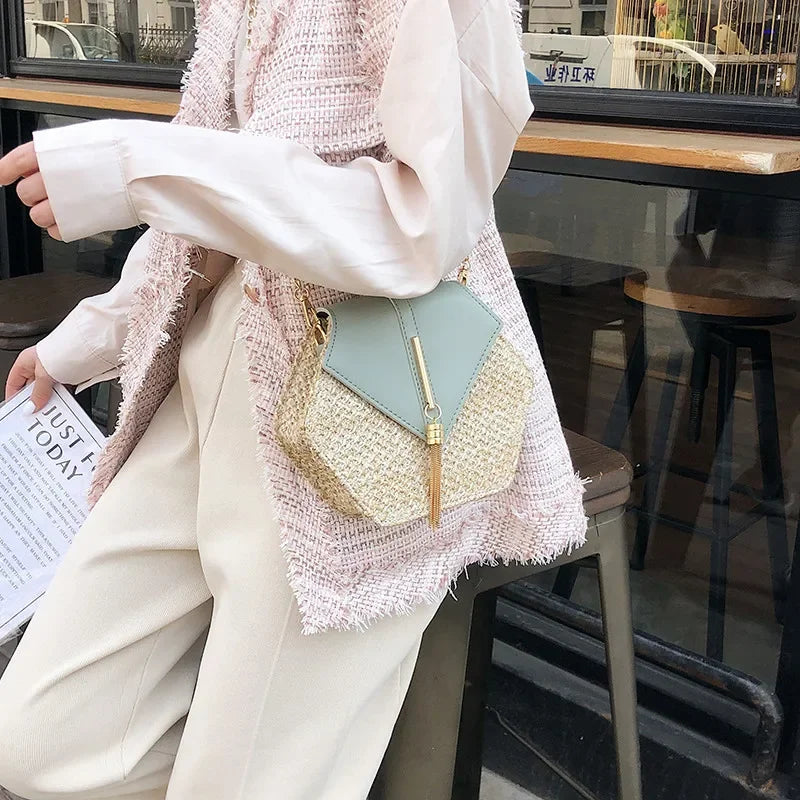 Hexagon Mulit Style Straw+leather Handbag Women Summer Rattan Bag Handmade Woven Beach Circle Bohemia Shoulder Bag
