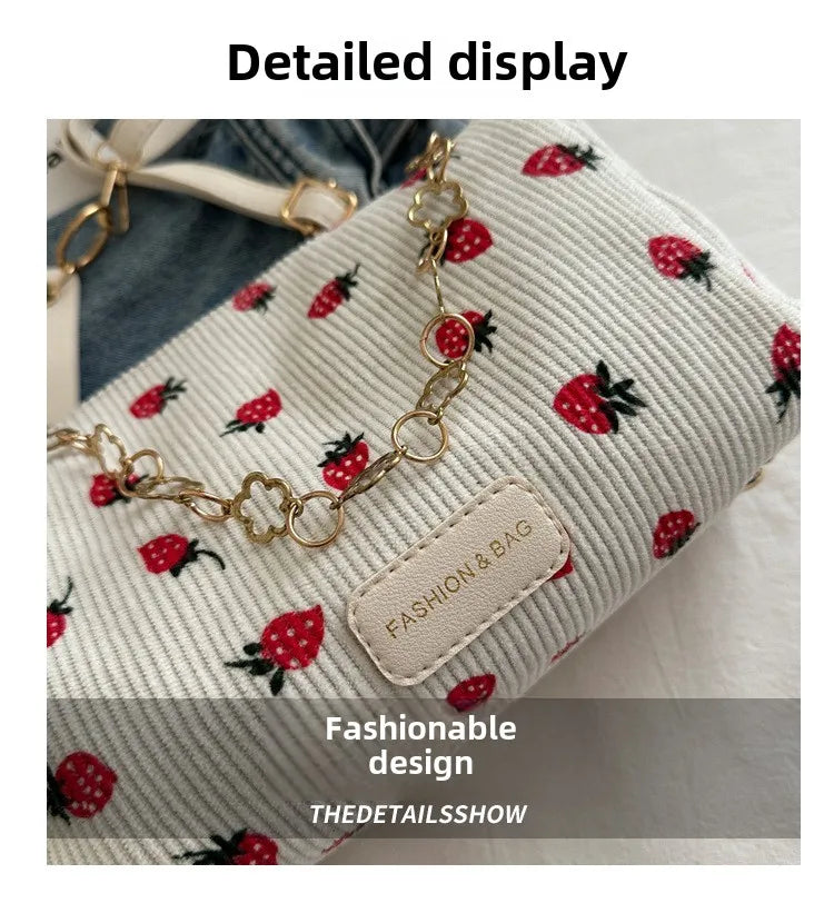 Women Small Underarm Bag Corduroy Handbag Cute Strawberry Print Little Tote Half Moon Design Eco Cloth Purse Mini Shoulder Bags