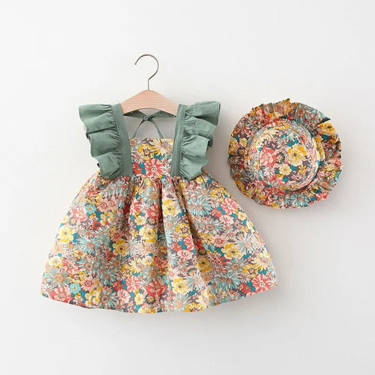 2 Pcs Baby Girl Summer New Dress Sweet Fragmented Flower Flying Sleeves Princess Dress Comes with Hat Suitable for Aged 80-110