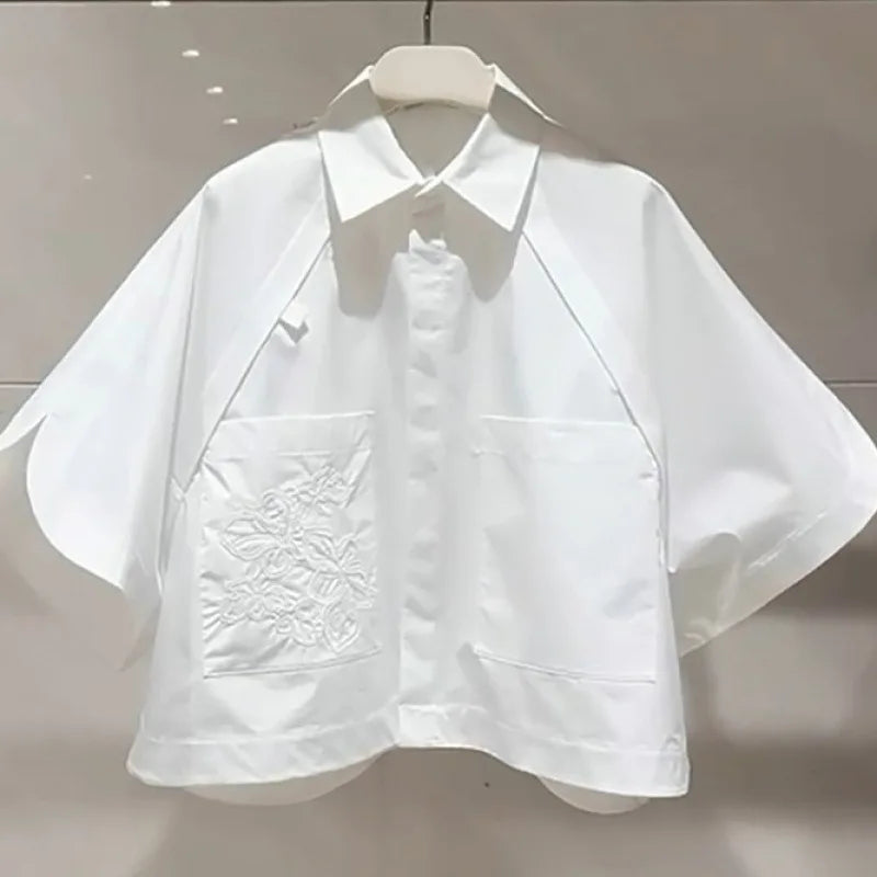 HOT Summer Short Flip Collar Half Sleeve Embroidered Short Sleeve Loose White Bat Sleeve White Shirt for Women Top