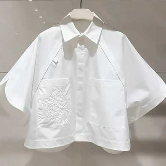 HOT Summer Short Flip Collar Half Sleeve Embroidered Short Sleeve Loose White Bat Sleeve White Shirt for Women Top