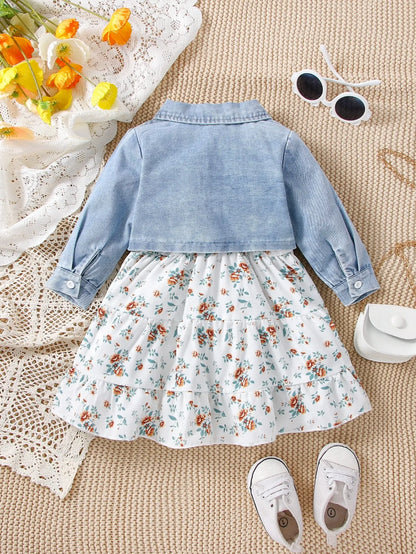 3pieces Four Seasons Leisure Travel Vacation Comfortable Denim Long Sleeve + Floral Dress Set With Halter Sweet Fashion