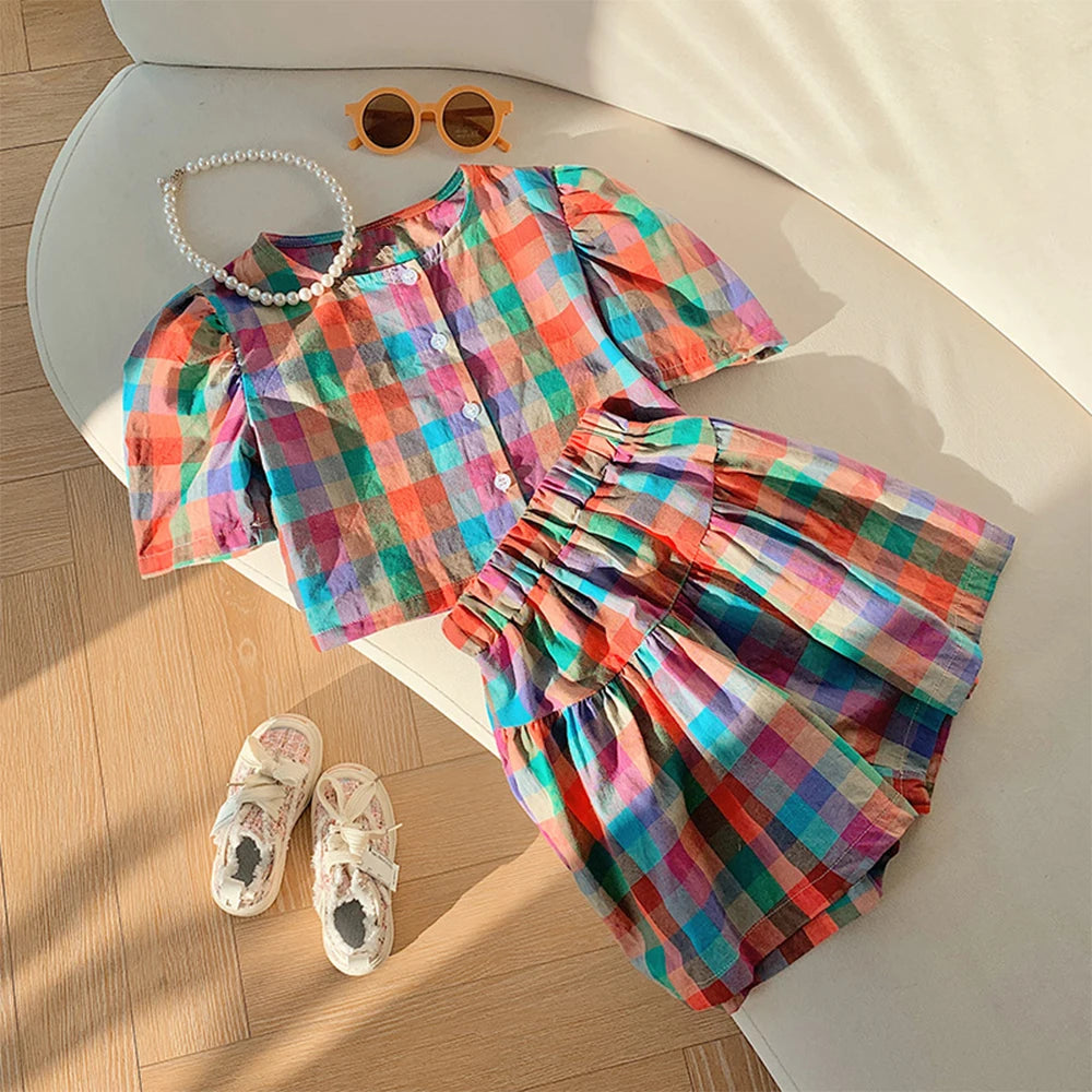 Bear Leader Girls Suit Summer 2023 New Korean Version of The Short-sleeved Bubble Sleeve Shirt + Wide-legged Pants Girls Suit