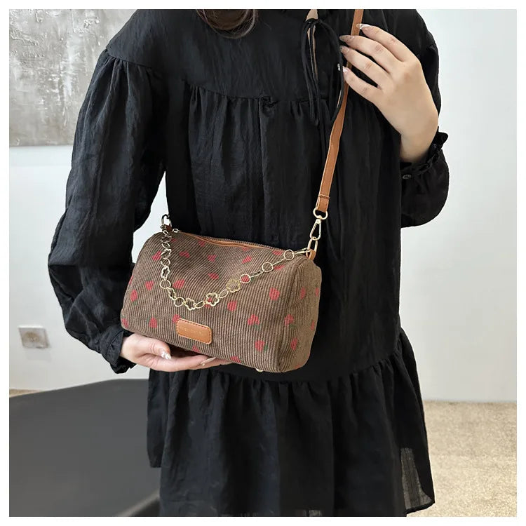 Women Small Underarm Bag Corduroy Handbag Cute Strawberry Print Little Tote Half Moon Design Eco Cloth Purse Mini Shoulder Bags