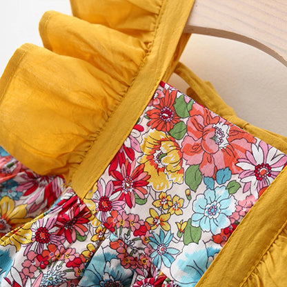 2 Pcs Baby Girl Summer New Dress Sweet Fragmented Flower Flying Sleeves Princess Dress Comes with Hat Suitable for Aged 80-110