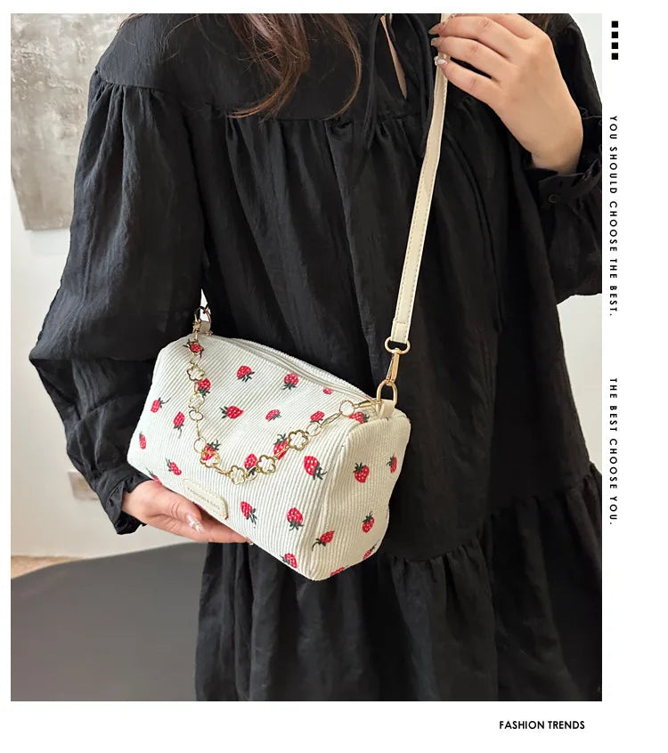 Women Small Underarm Bag Corduroy Handbag Cute Strawberry Print Little Tote Half Moon Design Eco Cloth Purse Mini Shoulder Bags
