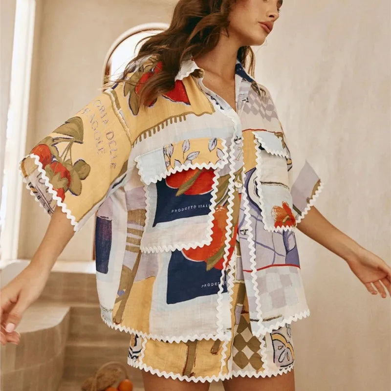 Summer Printed Ruffle Two Piece Set Women Fashion Casual Patchwork Holiday Trendy Pocket Button Tops And Mini Skirt 2 Piece Sets