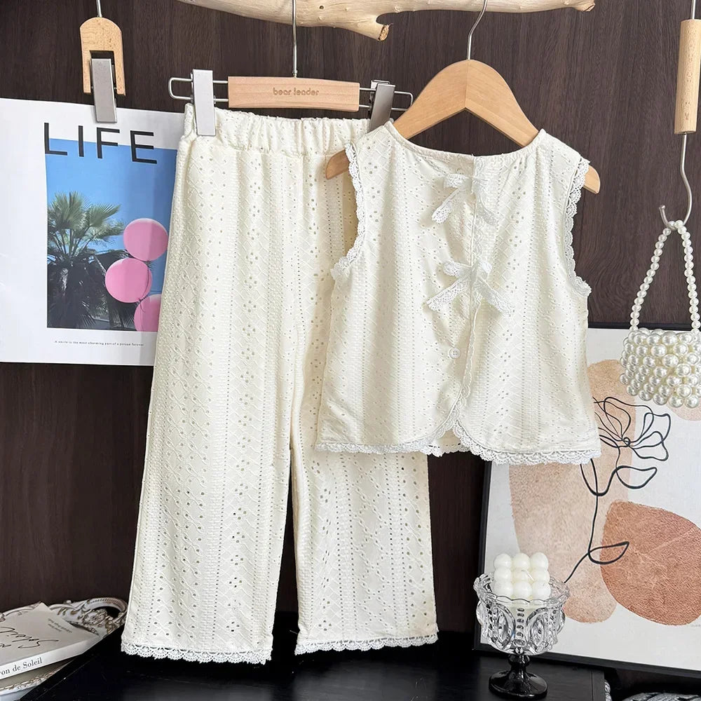 Summer New 3-7 Years Girls Daily Casual Solid Color Outfits Sleeveless O-Neck Top + Pants 2 Pcs Set Children Fashion Clothing