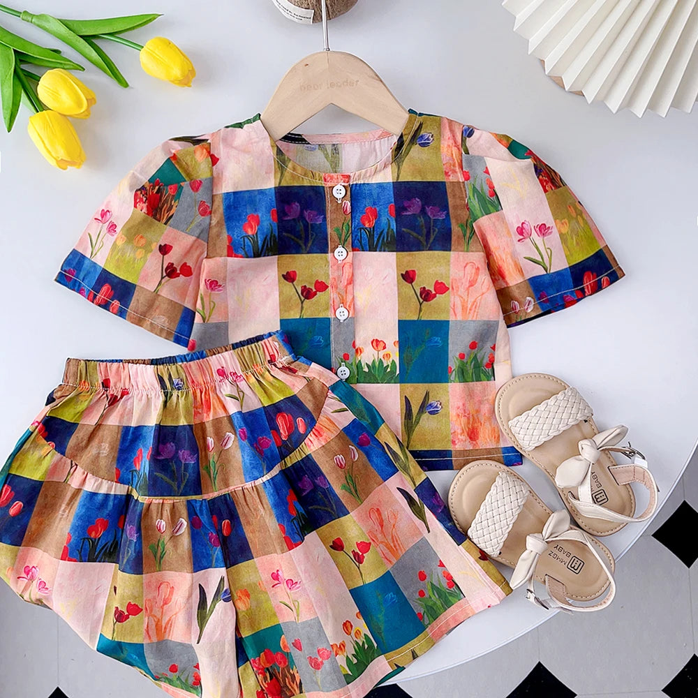 Bear Leader Girls Suit Summer 2023 New Korean Version of The Short-sleeved Bubble Sleeve Shirt + Wide-legged Pants Girls Suit