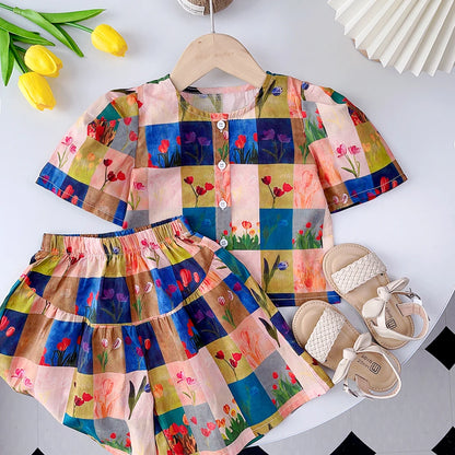 Bear Leader Girls Suit Summer 2023 New Korean Version of The Short-sleeved Bubble Sleeve Shirt + Wide-legged Pants Girls Suit