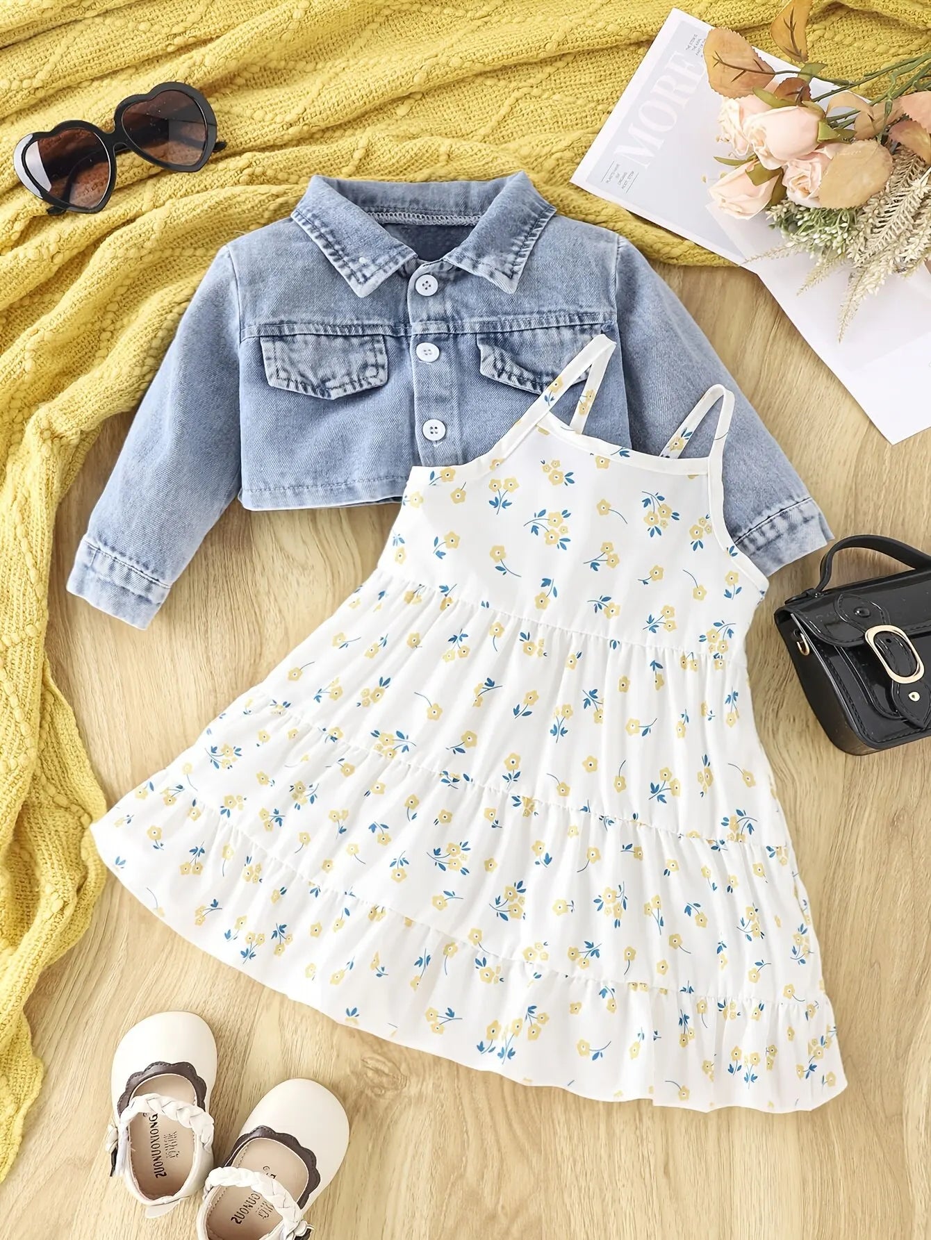 3pieces Four Seasons Leisure Travel Vacation Comfortable Denim Long Sleeve + Floral Dress Set With Halter Sweet Fashion